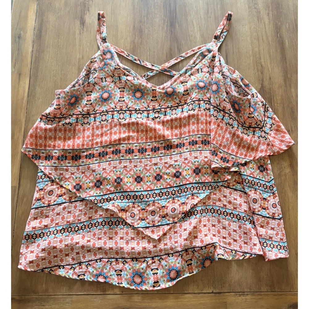 Torrid Women Tank Top 2 Coral Blue Cage Back Bright Colors Flowy Boho Geometric
